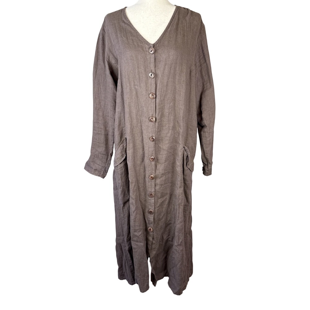 Flax Womens Maxi Duster Shirt Dress Jacket Size M Taupe Brown Linen‎ Lagenlook